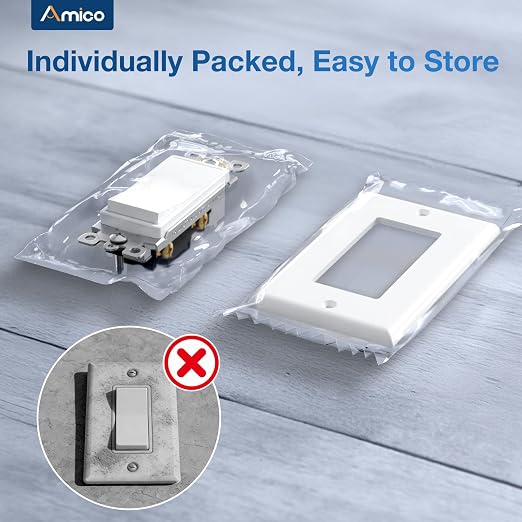 Amico 30 Pack Single Pole Light Switch with Wall Plate, UL Listed, 15A 120/277V, On/Off Rocker Paddle Interrupter Wall Switch, Grounding Screw, Residential Grade, Suitable for Home and Business, White