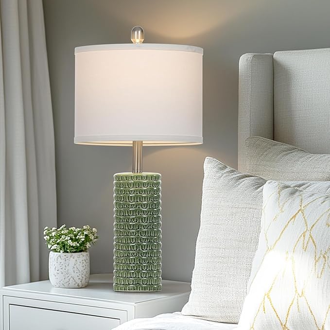 Cinyirong 24.5" Green Ceramic Table Lamps Set of 2, Farmhouse Table Lamps for Living Room, Modern Lamps for Bedroom Night Stands, Traditional Nightstand Desk Lamps(LED Bulbs Included)