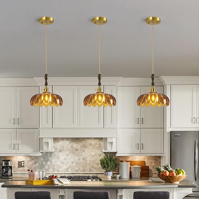 Modern Tawny Glass Pendant Light Retro Flower Glass Hanging Lamp Gold Brass Decorative Adjustable Ceiling Hanging Light Suitable for Kitchen Island Bedroom Dining Room Living Room