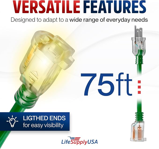 75ft Outdoor/Indoor Extension Cord 14/3 Gauge Heavy Duty 3 Prong SJTW, Waterproof, Flexible Cold-Resistant Long Power Cord,13A 125V 1625W, Green by LifeSupplyUSA