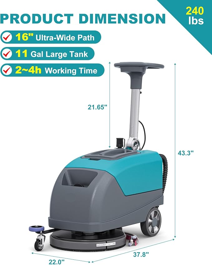 C5 16" Walk-Behind Commercial Floor Scrubber Machine, 500W Motor | 11 Gal Recovery Tank | 24" Suction Width | Brush Speed 200 RPM | 24,000 Sqft/h Coverage | Complete Set of Parts