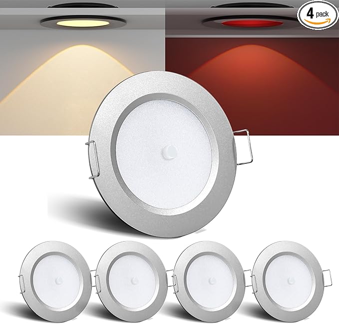 3" LED 12V Push Lights Built-in Switch Interior Bi-Color 12 Volt Red LED Puck Light Full Aluminum RV Dimmable Flush Mount Light for Camper, Boat, Trailer 4Pcs (Silver, Warm White)