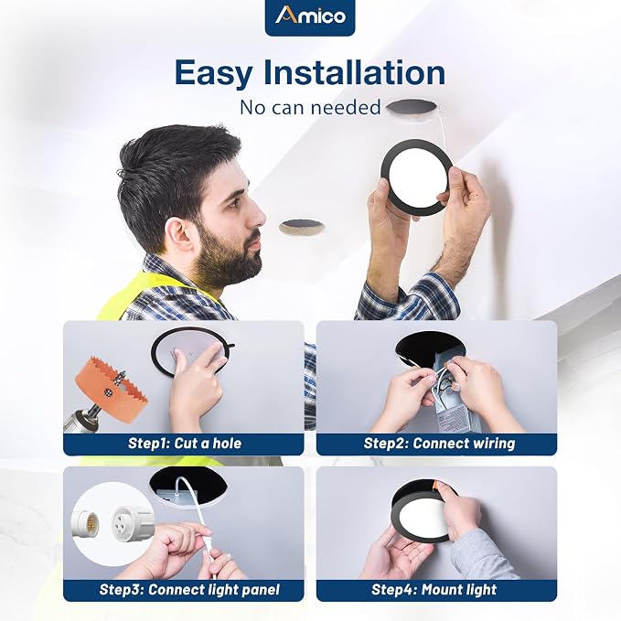 Amico 48 Pack 4 Inch 5CCT Ultra-Thin LED Recessed Ceiling Light with Junction Box, 2700K/3000K/3500K/4000K/5000K Selectable, 11W Eqv 70W, Dimmable Canless Downlight, 800LM High Brightness,Black