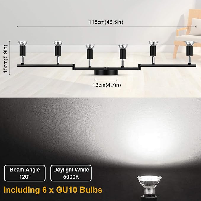 Ascher 6-Light LED Track Lighting Kit, Flexibly Rotatable Light Heads, 6 Way Ceiling Spotlight Black Finish, Including 6 GU10 LED Bulbs (4W 400LM Daylight White 5000K)
