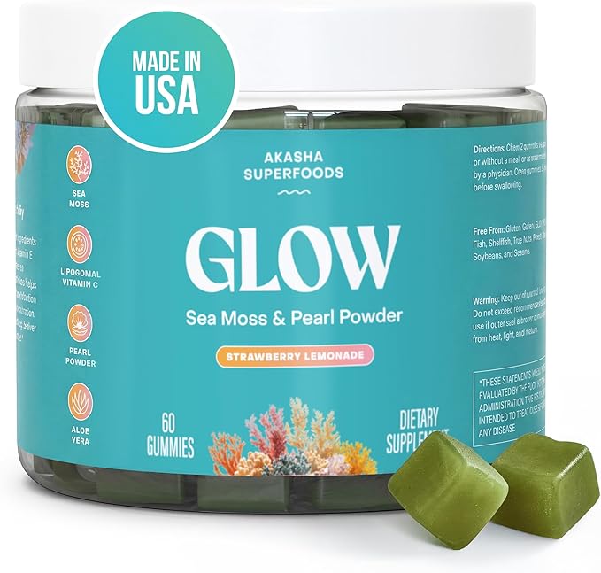 Akasha Superfoods シーモスグローグミ、海藻、真珠パウダー、ビタミンE、アロエベラ、リポソームビタミンC、アイリッシュシーモス配合、髪、肌、爪用ビタミン、女性と男性用、60粒