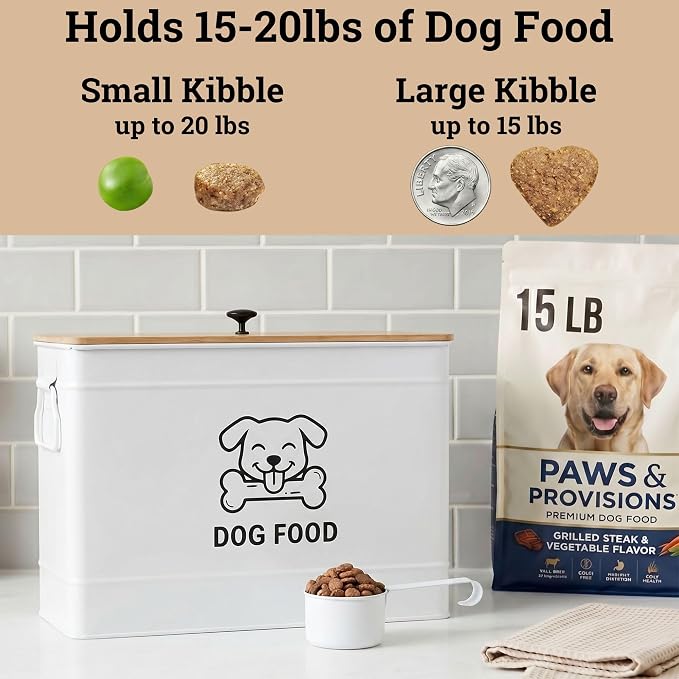 Dog Food Container Airtight 15 lb (50 Cup) Capacity with Metal Scoop - Cute Airtight Dog Food Storage Container with Bamboo Lid - White Metal Kibble Storage Bin for Dogs up to 100 lbs - Big Pet Jar