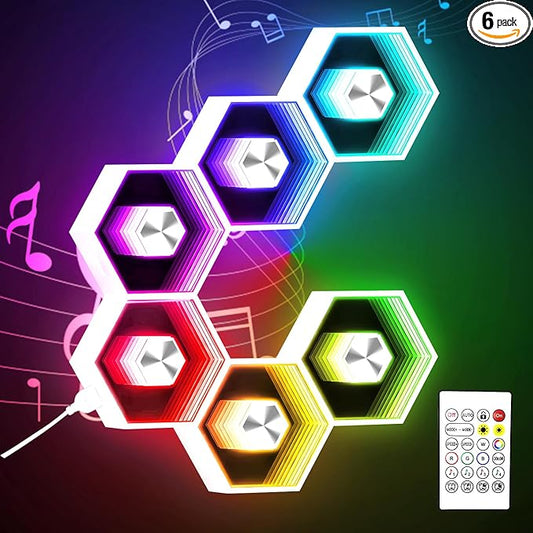 6 Pack Hexagon Lights Wall RGBW Panel - Hexagonal Led Lights Room Decor Wall Lights，with Smart APP Music Sync Honeycomb Shape Panels Hexagon for Gaming Lights Bedroom Children Decor