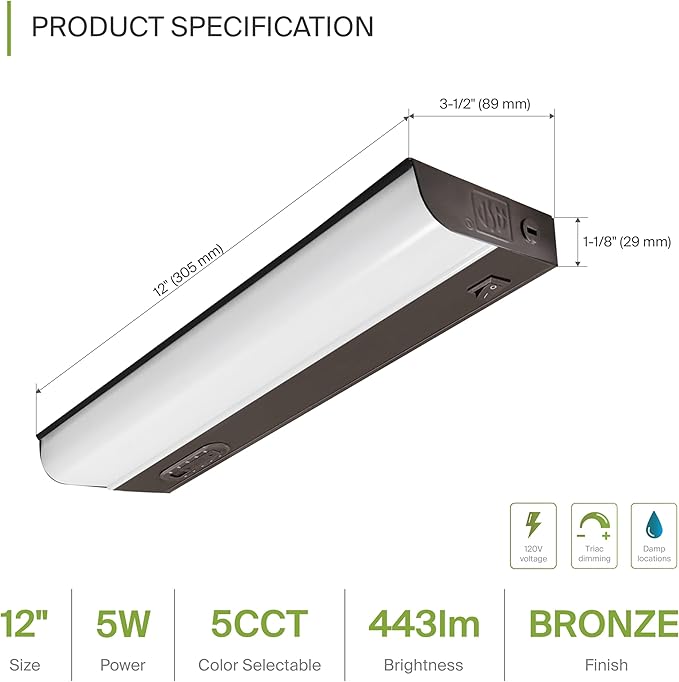ASD LED Under Cabinet Lighting Hardwired, 12 Inch 5W 2700K-5000K Selectable, 442LM, CRI90+, Direct Wire Linkable Under Counter Lights for Kitchen, Dimmable Under Cabinet Lights, Bronze, UL Certified