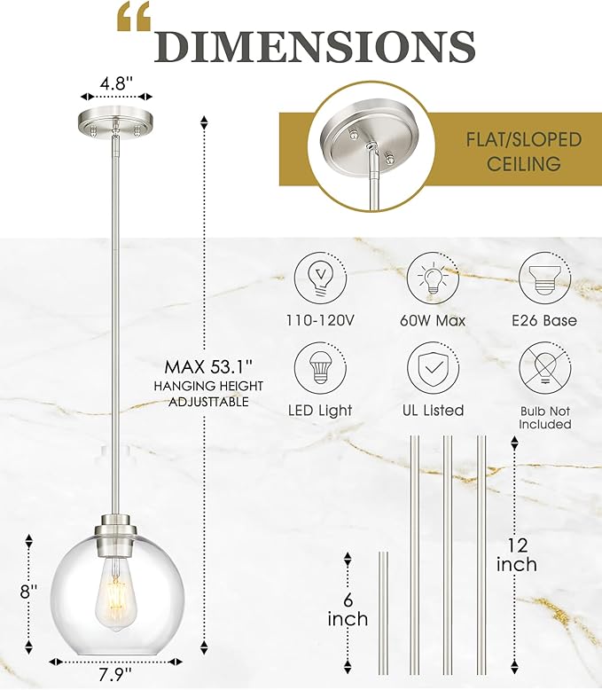 2 Pack Pendant Lights Kitchen Island, 8" Brushed Nickel Pendant Light Fixtures with Globe Clear Glass Shade, Modern Kitchen Island Lighting for Bathroom, AD-22280-2PL-SN