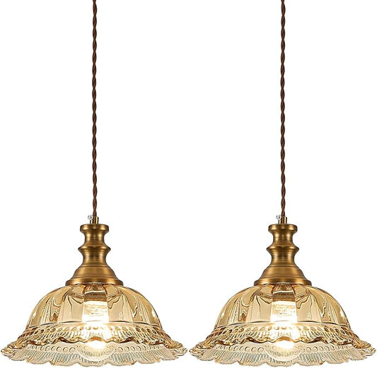 HDDFL Glass Pendant Lights Modern Pendant Lighting Fixtures Hanging Lamp for Kitchen Island Bedroom Dining Room Coffee Shop Hallway Amber and Brass 2 Pack