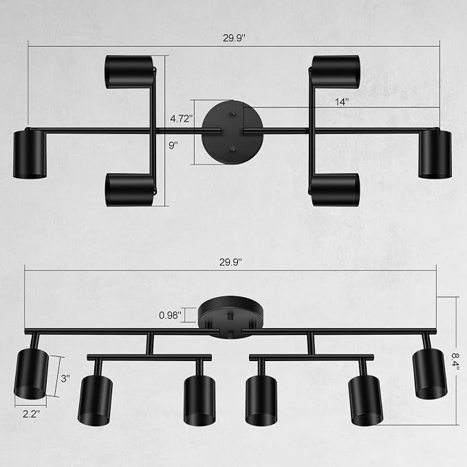 BoostArea 6 Light Track Lighting Kit, Black 6 Way Ceiling Spot Lighting, Center Swivel Track Light Heads, Flexibly Rotatable Light Head for Kitchen, Living Room, Bedroom, GU10 Bulb Not Included