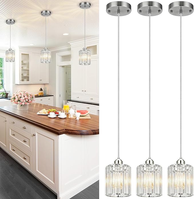 3 Pack Pendant Lights Kitchen Island, Modern Island Lights for Kitchen with Crystal Glass – Luxury Nickel Pendant Lights for Kitchen Island, Dining Table, Entryway, Restaurant