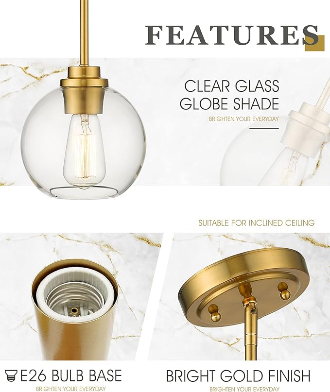 Pendant Lights Kitchen Island, Modern Gold Pendant Light with Clear Glass Globe Shade, Farmhouse Hanging Light Fixtures for Dining Room Entryway, AD-22280-1P-GD-C