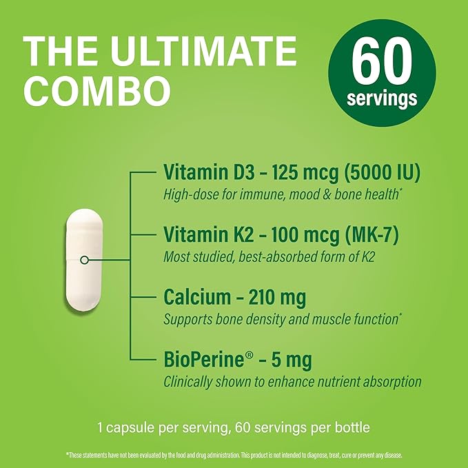 Vitamine D3 K2 Noophoric 5000 UI, D3 avec K2 MK7, Capsules de Vitamine D3 K2 avec Calcium et BioPerine, Sans OGM, Sans Gluten, Sans Soja, 60 Capsules