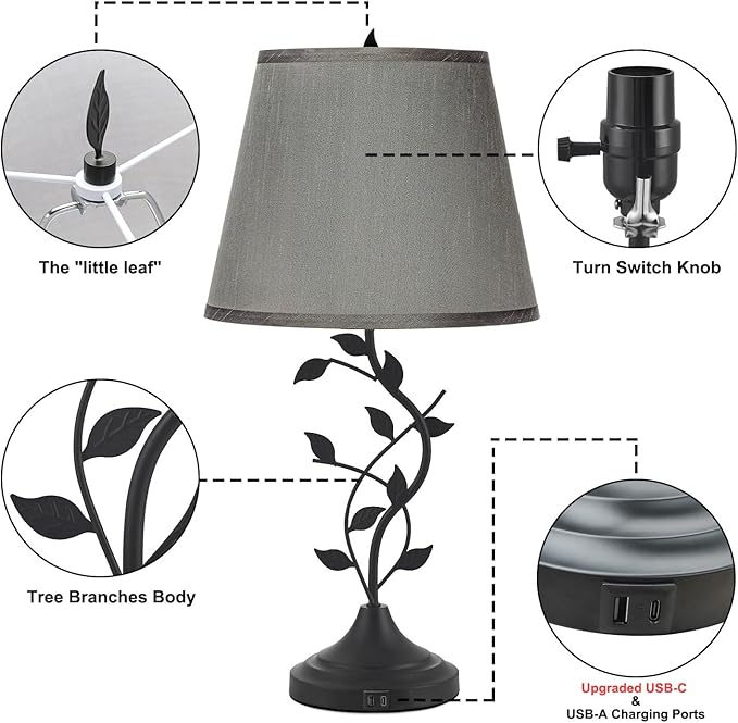 Kakanuo Table Lamp for Bedside, Lamp for Living Room with USB-A and USB-C Charging Ports, Traditional Tall Bedroom Lamp for End Table