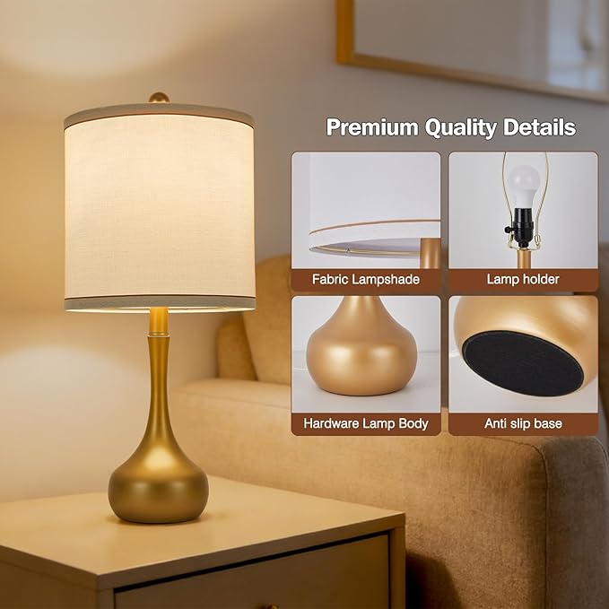 23" Farmhouse Table Lamp Set of 2, Golden Metal Modern Bedside Lamps for Living Room, 3 Color Temperature Rustic Table Lamps for Bedroom, Night Stands, Dorm,Office, Home Décor (Bulb Included)