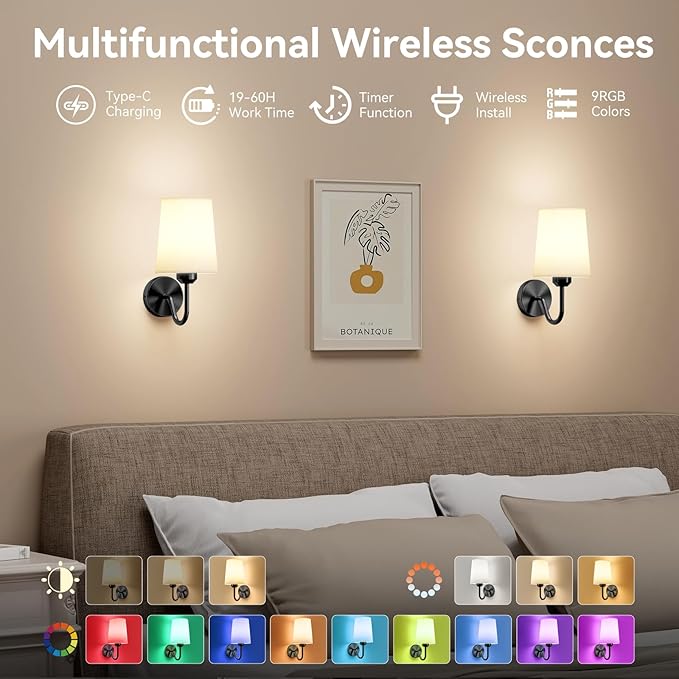 Ouyulong Battery Operated Wall Sconces Set of 2 Wireless Rechargeable Dimmable Wall Light with RGB Bulb and Remote for Bedroom, Living Room, Hallway (Black)