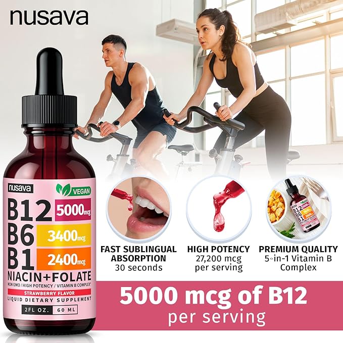 (Lot de 4) Vitamines B12 et B6 liquides, complexe de vitamines B12 sublinguales - Vitamine B12 5000mcg - Méthylcobalamine B12 pour l'énergie, le cerveau et le soutien cardiaque avec 27 200 mcg, Fraise, 80 portions