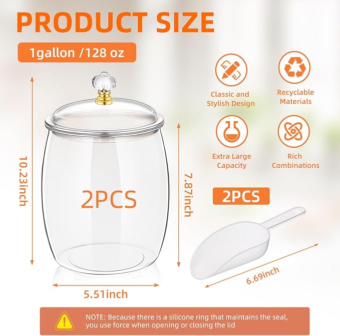 mwellewm 2Pcs 1 Gallon Candy Jars With Lids&Spoons Clear Plastic Cookie Container Large Airtight Apothecary Storage Organization Hard Snack Buffet Canister for Wedding Home Kitchen Bar Decoration