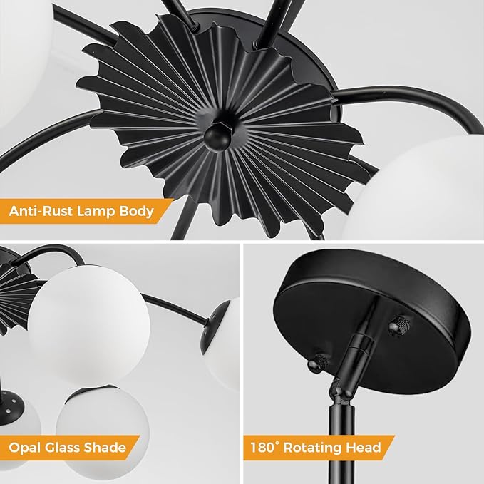 8-Light Milk Glass Pendant Light, 33" Sputnik Bubble Glass Chandelier Light Fixture, Hand Blown Semi Flush Mount Ceiling Chandeliers Lighting for Dining Room, Living Room (Black, 8-Light Chandelier)