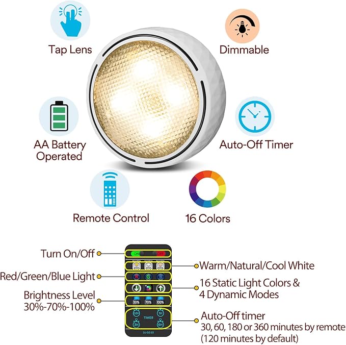 TECOMLIGHT Puck Lights with Remote Control, Battery Operated Wireless Under Cabinet Lighting, Stick on Tap Push Lights for Kitchen, Shelf, 6 Pack - White