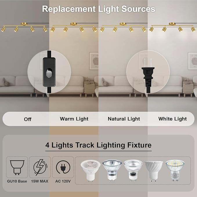 Plug in Track Lighting LED, Track Lighting Fixtures Ceiling Gold, 4-Light Kitchen Light Kit, Plug in Wall Light with 14.8ft Power Cord, Rotatable Ceiling Spotlight for Bedroom(GU10 Socket, NO Bulb)