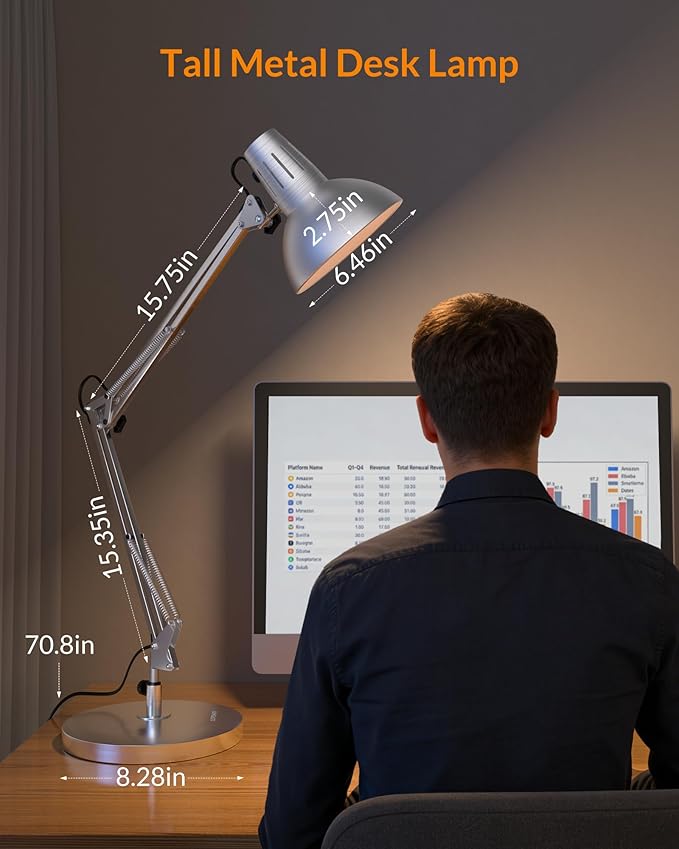 LEPOWER Metal Desk Lamp, Adjustable Goose Neck Architect Table Lamp with On/Off Switch, Swing Arm Desk Lamp with Clamp, Eye-Caring Reading Lamp for Bedroom, Study Room &Office (Silver)