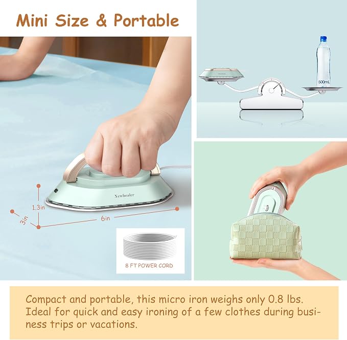 Newbealer Travel Iron Set, 100-240V Mini Dry Iron for Clothes (No Steam) | Max 300W, Heats in 60s, 302℉ Ceramic Soleplate, Handy Heat Press, 0.8lbs Lightweight for Quick Touch-ups Worldwide (Green)