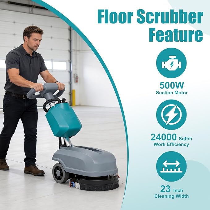 Walk Behind Commercial Floor Scrubber Machine, Battery Powered Cordless Compact Scrubber 15" Cleaning and 23" Suction Width, 6 Gal Sewage and 5 Gal Water Tank, 24000 Sq Ft/h