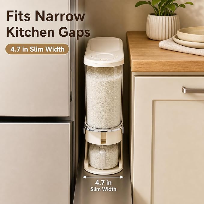 Rice Dispenser 11 Lb, Slim Rice Storage Container with Double Sealing Strip, Press to Dispense Cereal Container Airtight for Kitchen Pantry Organization, (Creamy Yellow-11lb)