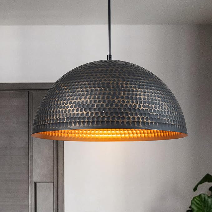 Lingkai 15.7 in. Black and Gold Hammered Pendant Light Fixtures, Industrial Metal Dome Shade, Pendant Lights Kitchen Island, Pendant Light for Kitchen Island and Dining Room