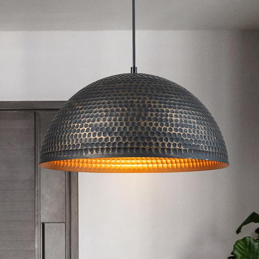 Lingkai 15.7 in. Black and Gold Hammered Pendant Light Fixtures, Industrial Metal Dome Shade, Pendant Lights Kitchen Island, Pendant Light for Kitchen Island and Dining Room