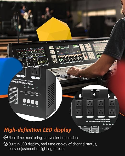 DMX Dimmer Pack 512, 4 Channel Dimmer Pack with 5' DMX Cable and LED Display, 5 DMX Modes, 20A Max Suitable for Stage Lighting Control