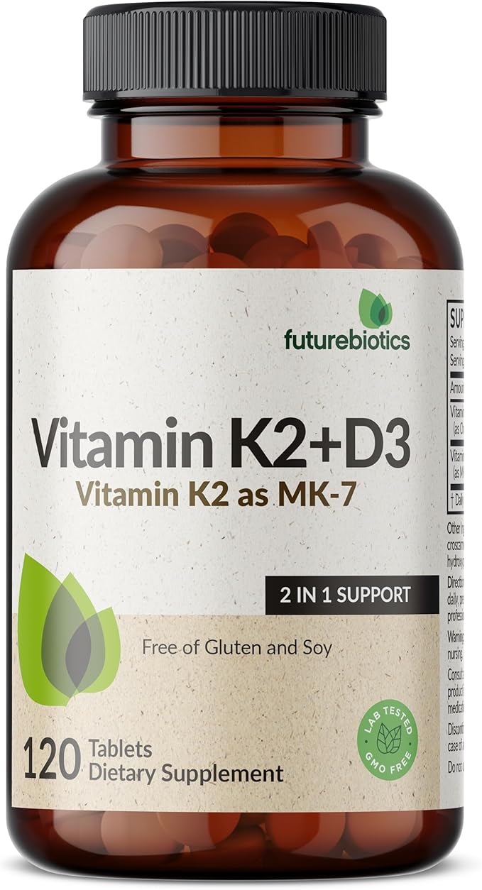 Futurebiotics Vitamine K2 avec D3, Soutien 2 en 1, 5000 UI Vitamine D3 et 90 mcg Vitamine K2 MK-7 Sans OGM, 120 Comprimés