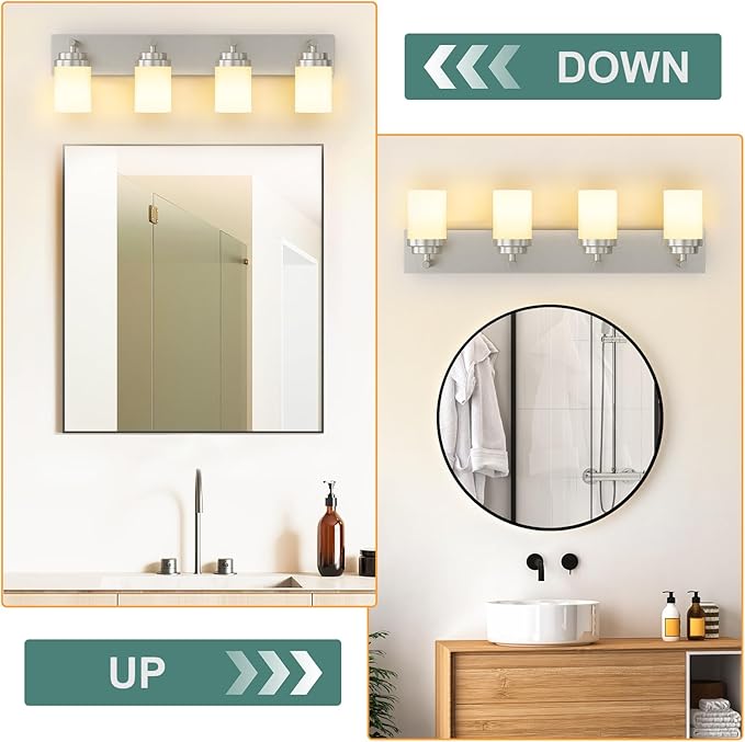 IZORRO Bathroom Vanity Light Fixture, 4-Light 30 Inch Brushed Nickel Bathroom Light Fixtures Over Mirror, with White Glass Shade, Modern Farmhouse Vanity Lights, Rustic Restroom Lighting Fixtures