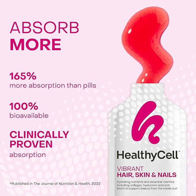 Healthycell Cheveux Peau & Ongles Éclatants - Complément Liquide Quotidien - Compléments Beauté avec Nutriments Hydratants & Vitamines Essentielles - Collagène, Biotine & Acide Hyaluronique - 30 Sachets de Gel