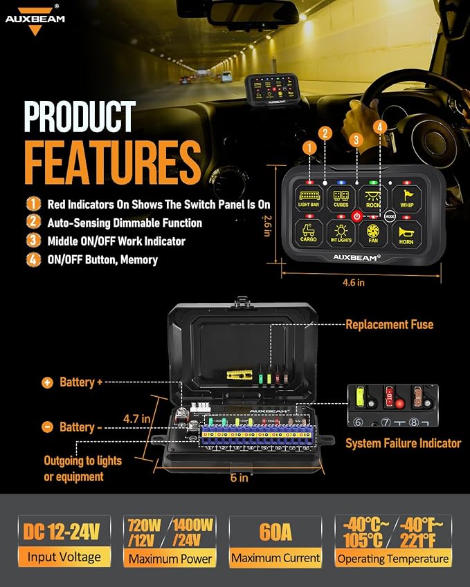 Auxbeam 8 Gang Switch Panel Bluetooth AR-800 RGB APP Control with Backlit Off Toggle Momentary Pulsed Auxiliary Switch Panel for Truck SUV ATV UTV RV Multifunction 12-24V Waterproof 3 Years Warranty