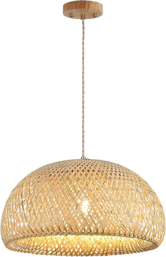 Bamboo Large Pendant Light Fixture 17.8 inch One-Light Adjustable Rustic Basket Handmade Woven Pendant Lighting for Kitchen Island Farmhouse Dining Room Living Room