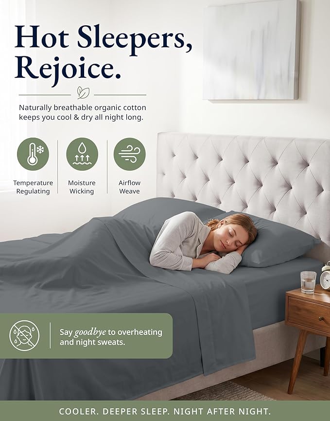 LANE LINEN 100% Organic Cotton Fitted Sheet Full Size (No Flat Sheet) - Soft & Breathable Percale Weave Fitted Sheet Set For Added Comfort - 15'' Deep Pocket For Snug Fit - GOTS Certified - Charcoal