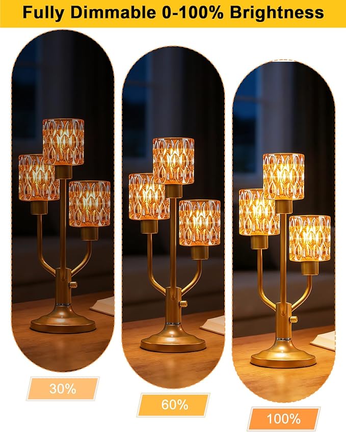 Mid Century Modern Vintage Table Lamp Dimmable Nightstand Lamp Gold Desk Lamp with Brown Glass 3 Bulbs Included Warmwhite Ambient Bedside Lamps for Bedroom Living Room Office Home Decor