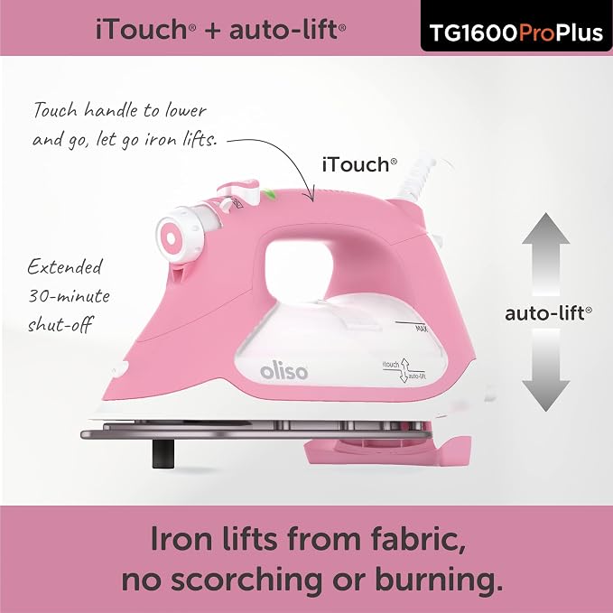 oliso TG1600 ProPlus Auto-Lift Steam Iron - Sewing Quilting & Clothes Ironing – 1800W, Rosé