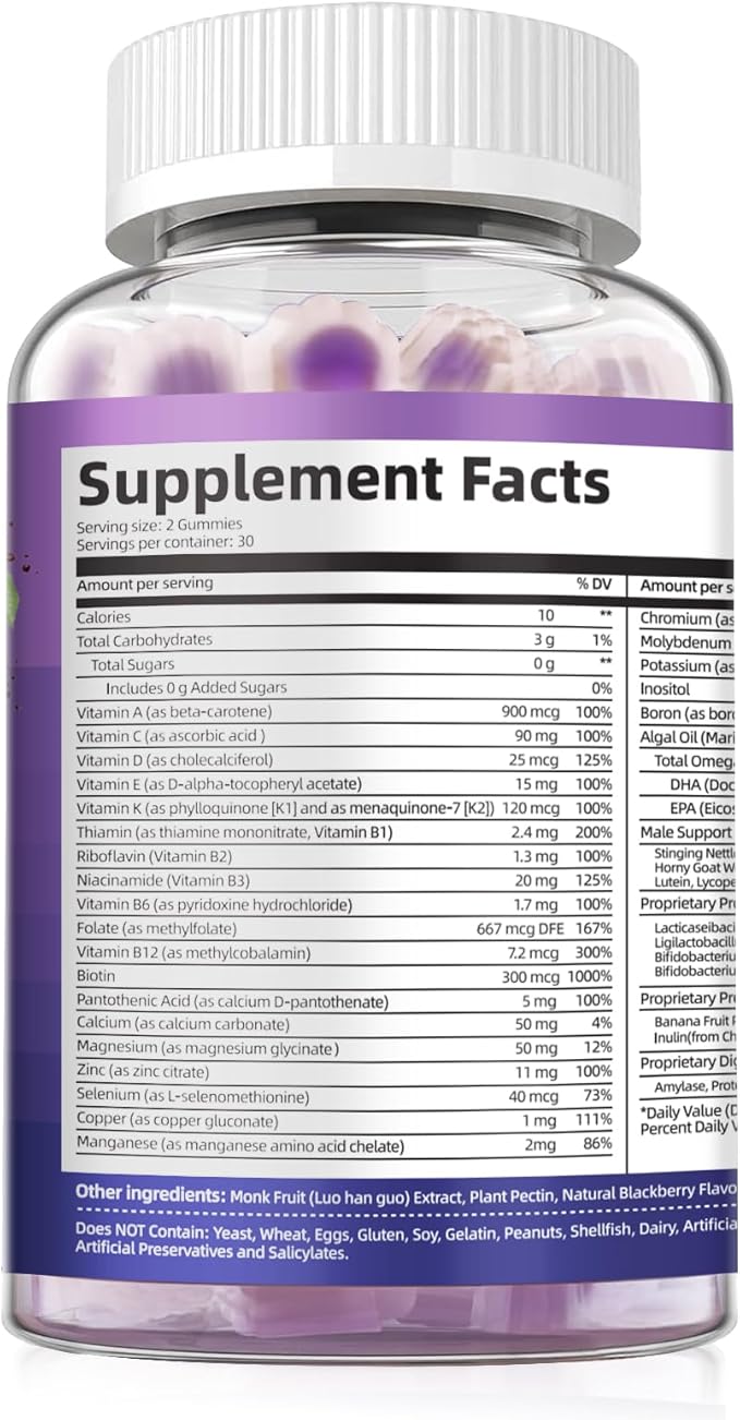 Multivitamines pour hommes, Gommes multivitaminées pour hommes avec Oméga-3, Probiotiques, Inositol, Folate, Biotine, Zinc, Vitamines A, C, D, E, B - Soutient le cœur, le cerveau, les muscles, l'énergie, Sans sucre, Saveur Mûre