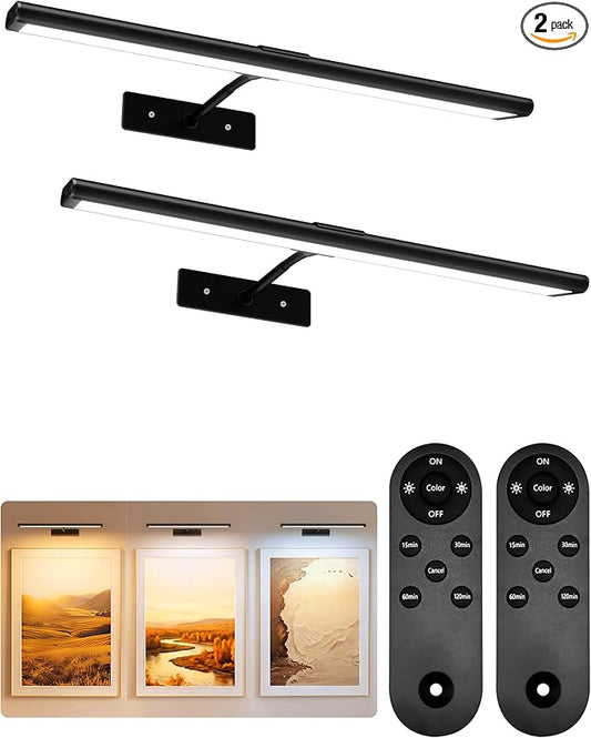 EZVALO Picture Light for Wall, 16'' Black Rechargeable 4800mAh Battery Lights Wireless Remote, Dimmable Magnetic LED Art Painting Light with 3 Color Temperatures, Display for Gallery, Living Room(2P)