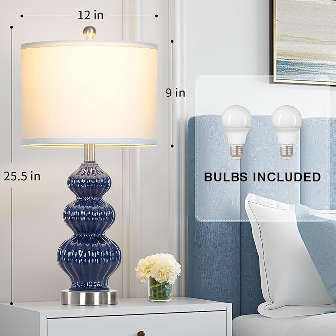 Cinyirong 26" Blue Table Lamp Set of 2 with Rotary Control, Ceramic Table Lamps Classic Beside Lamps Nightstand Lamp Modern Table Lamp for Living Room,LED Bulbs Included