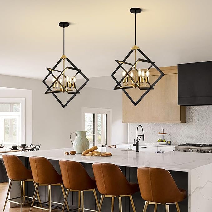 24" Modern Black and Gold Chandelier, No Assembly Required 6-Light Dining Room Light Fixture Over Table, Industrial Metal Hanging Pendant Lights Fixture for Kitchen Island, Entryway, Foyer