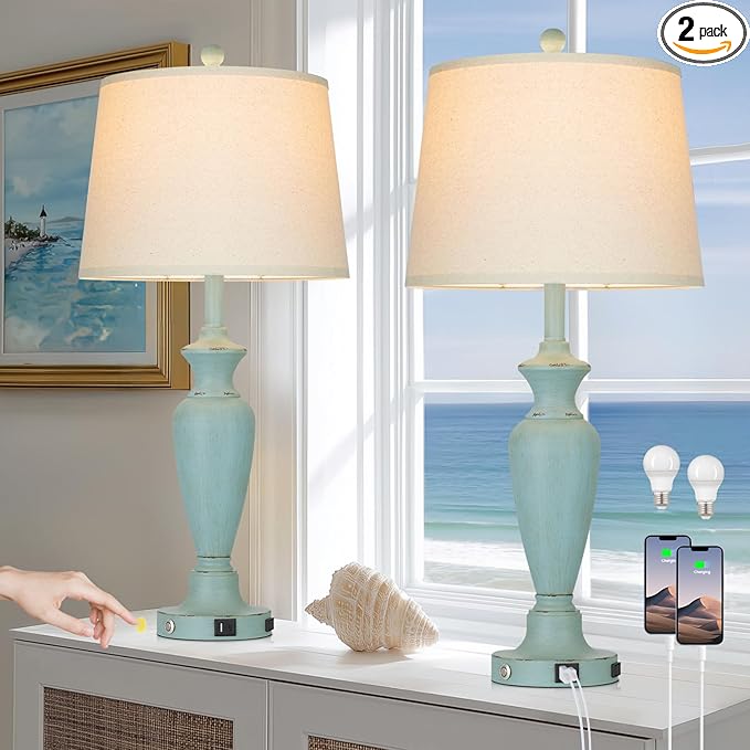 Cinyirong 30" Tall Metal Table Lamps Set of 2, Touch Control Bedside Lamps for Bedroom Nightstand, 3-Way Dimmable Farmhouse Lamp for Living Room with Charging Ports, Retro Blue (2 LED Bulbs Included)