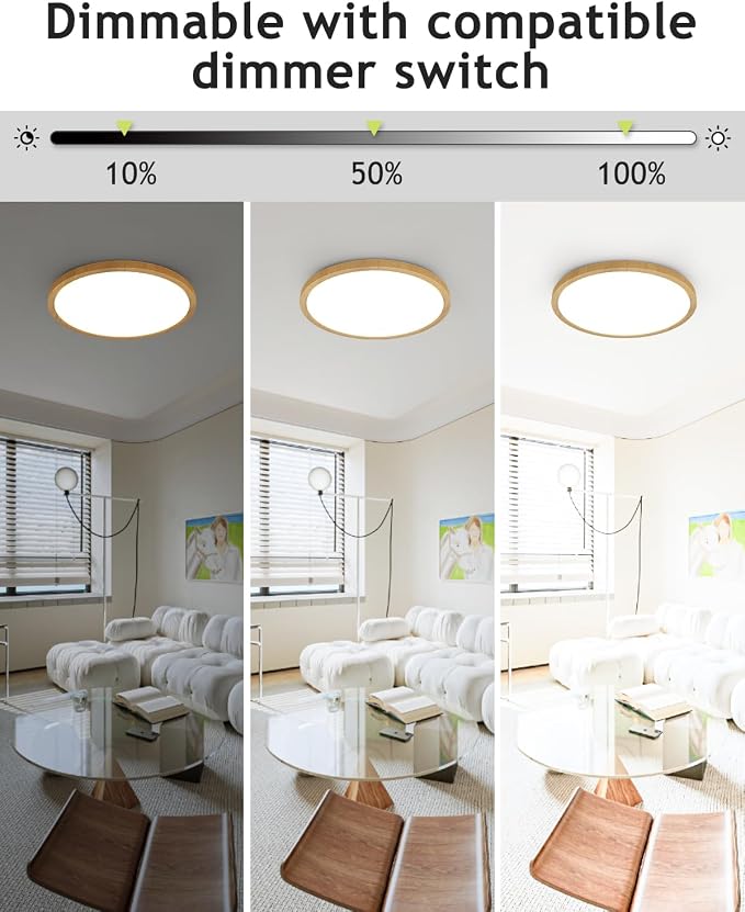 hepside 1PACK Flush Mount LED Ceiling Light Fixture Wooden, 12Inch 28Watt, Dimmable & 3000K-4500K-6000K Ceiling Lamp 3200LM Low Profile Ceiling Light for Kitchen Bedroom Hallway Porch