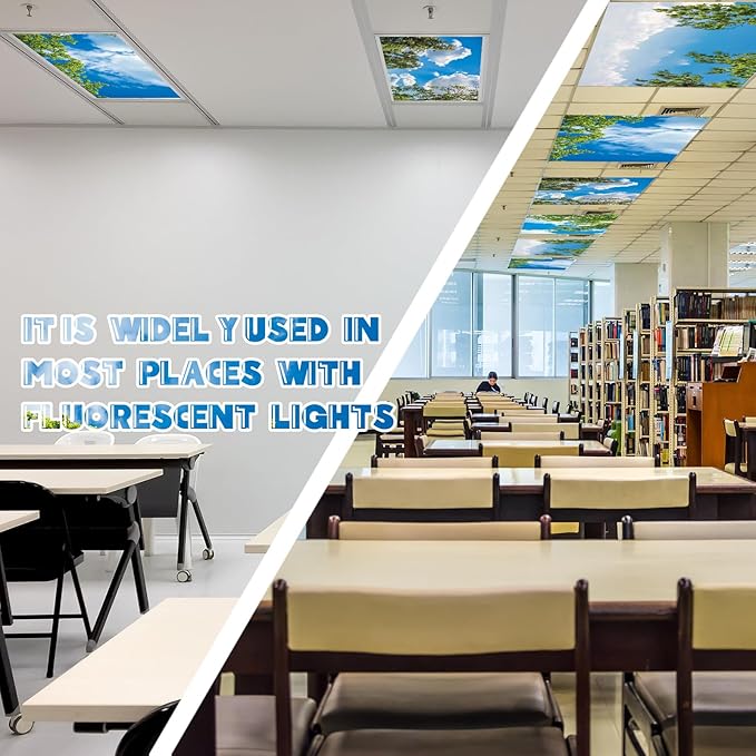 Amylove 4 Pcs Fluorescent Light Covers Classroom Ceiling Panels Light Filters with Backlit Film Material for Office School, 4 x 2 Feet(Charming Color,Blue Sky, Leaves)