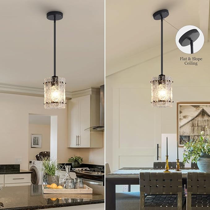 Black Glass Pendant Lights Kitchen Island, Water Ripple Round Pendant Lights Adjustable Modern Hanging Pendant Light Fixtures for Kitchen Island Dining Room Above Sink Foyer Entryway 1 Pack