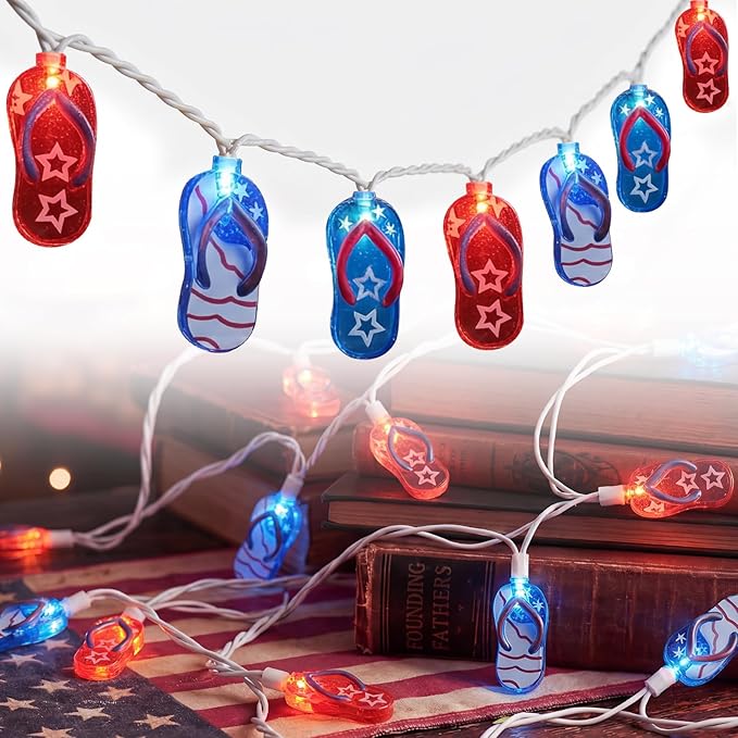 GOOTHY 4th of July Decorations Lights, 8.5Ft 10 Outdoor American Flag Slippers String Lights, Connectable Patriotic Flip Flop Fairy Lights for Outdoor Independence Day Memorial Day Summer Beach Party